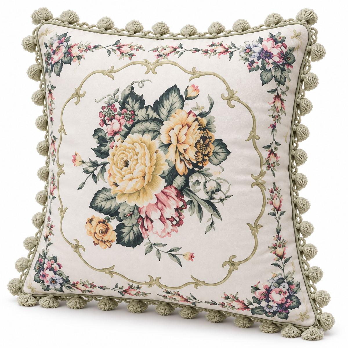 Angled view of floral cushion cover showing the ornamental frame and tassel edging.