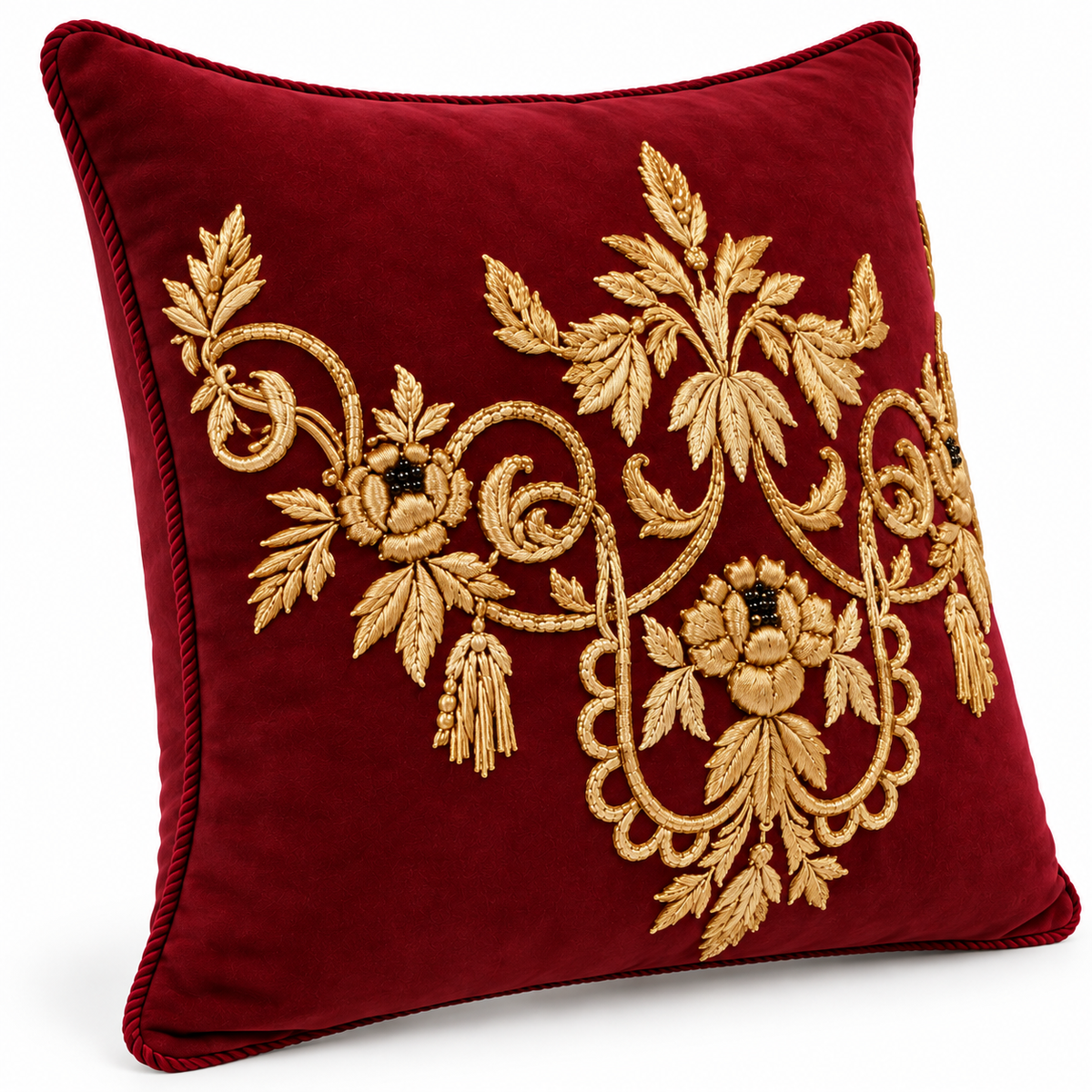 Angled view showing gold floral design and maroon piping