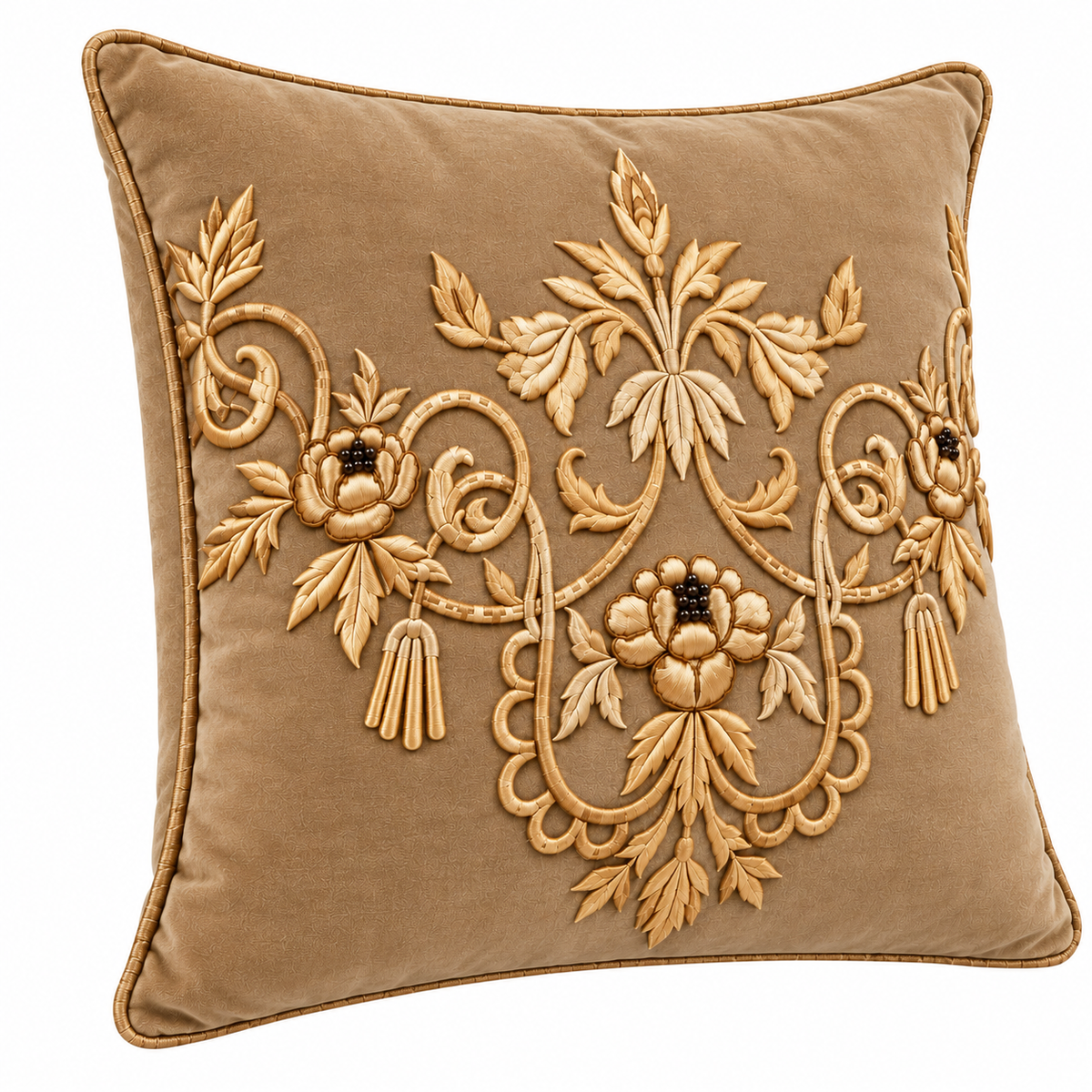 Angled view showing gold floral design and piped edges