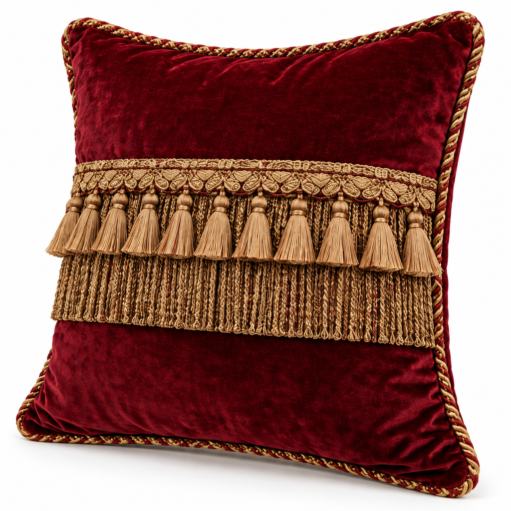 Angled view showing gold tassels, fringe and twisted cord edging.