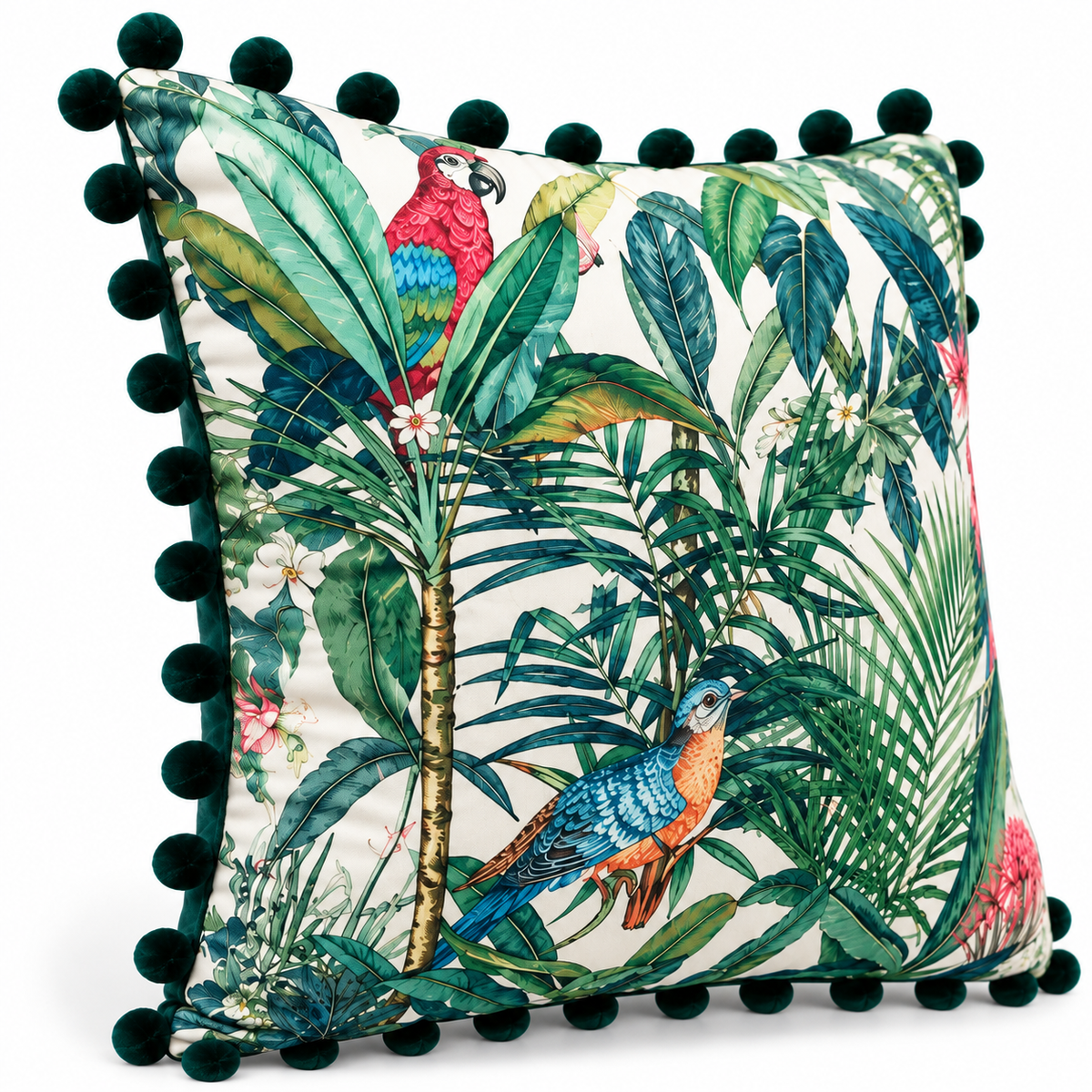 Angled view showing the bird and foliage design with green pom-poms