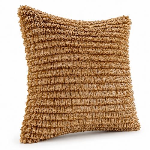 Angled view showing the cushion’s rows of gold fringe