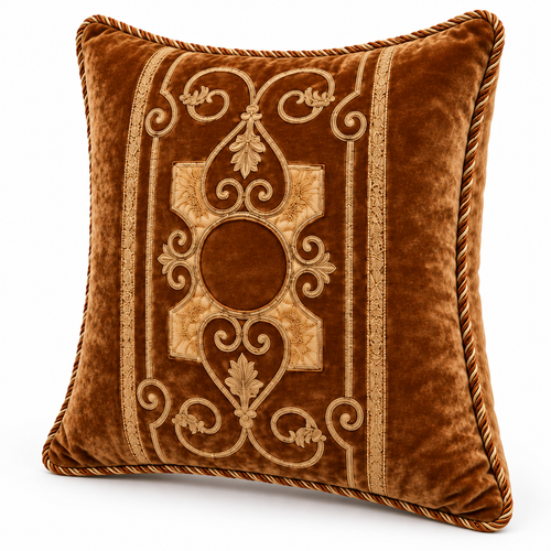 Angled view showing the embroidered central panel and cord edging.