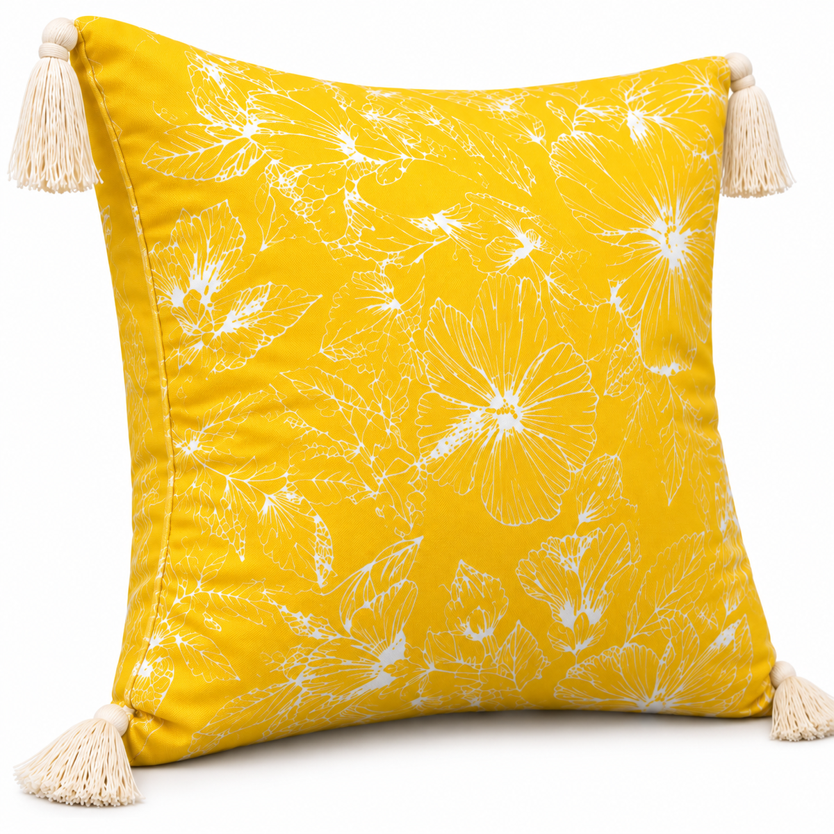 Angled view showing the floral pattern and tassels