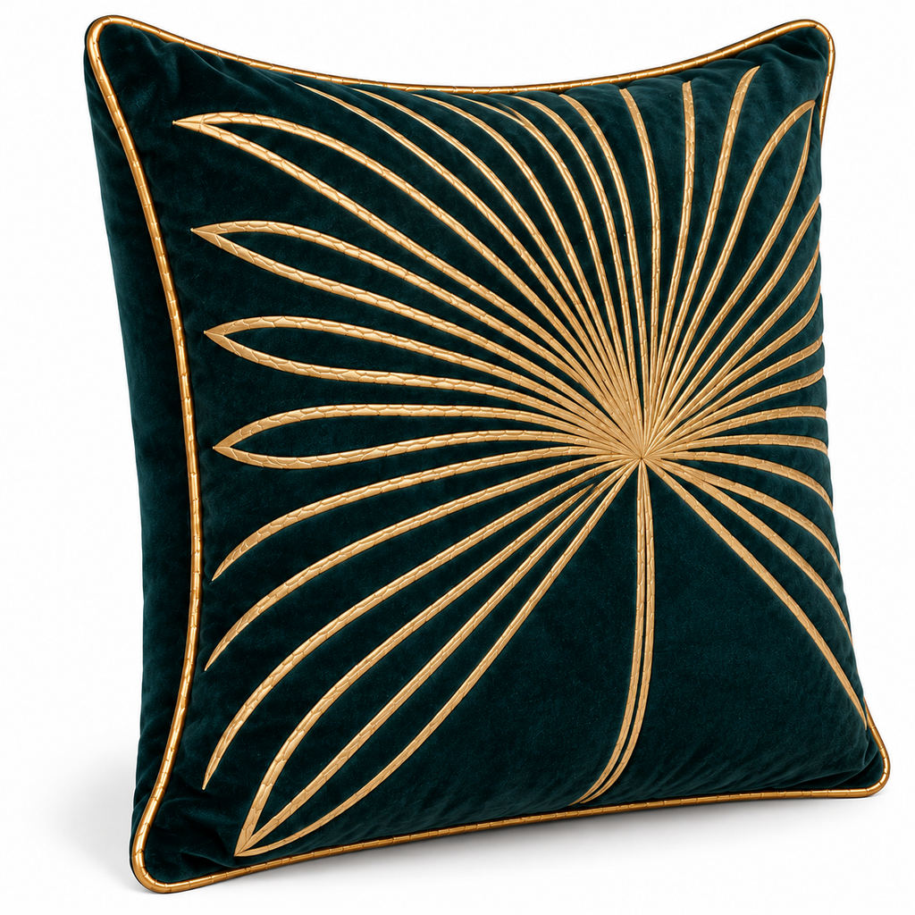 Angled view showing the gold palm leaf design and piping