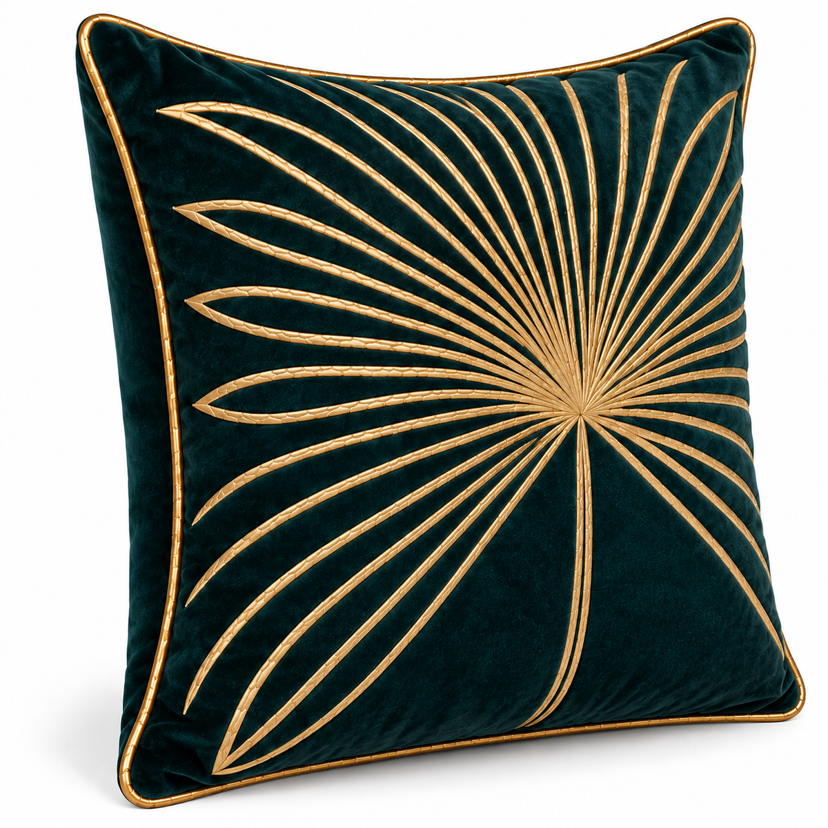 Angled view showing the gold palm leaf design and piping