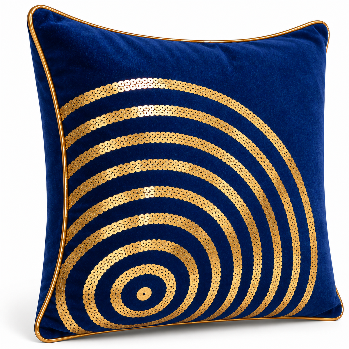 Angled view showing the gold spiral and piped edges