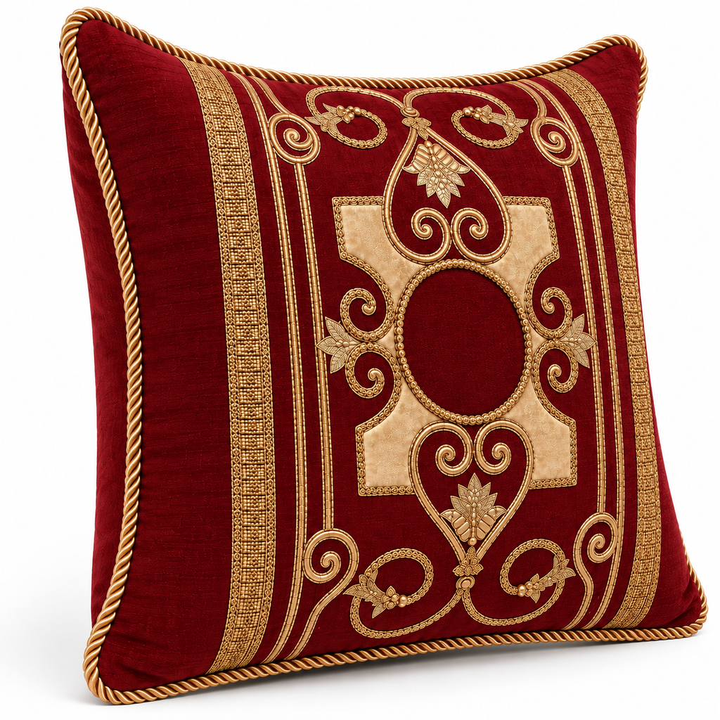Angled view showing the ornate front design and gold cord edging