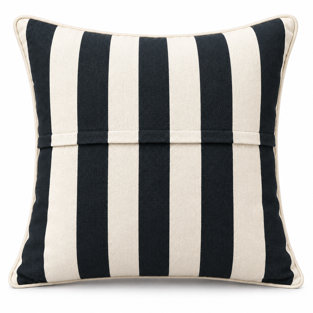 Back view of charcoal and ivory striped cushion