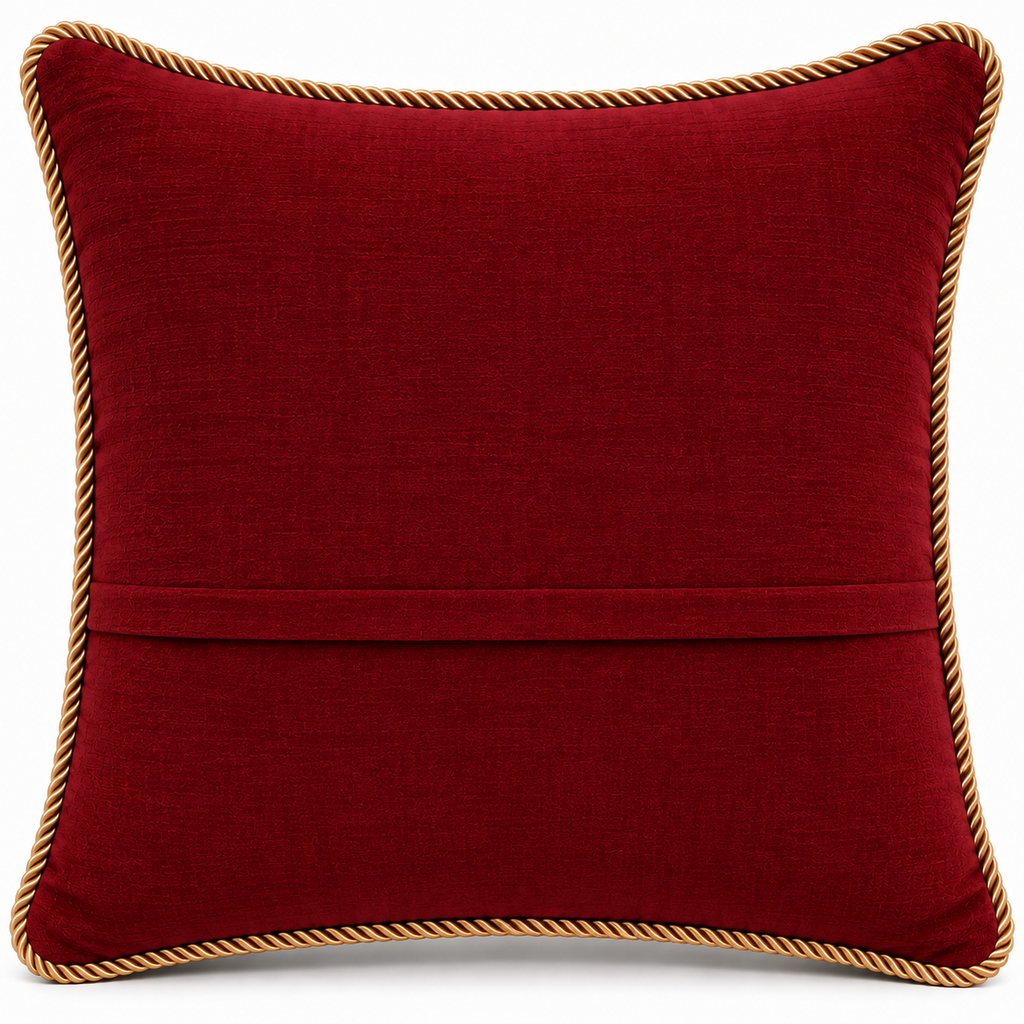 Back view of plain deep maroon cushion with gold cord edging