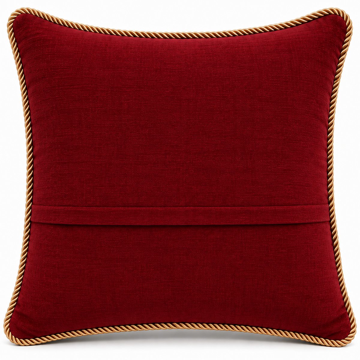 Back view of plain deep maroon cushion with gold cord edging