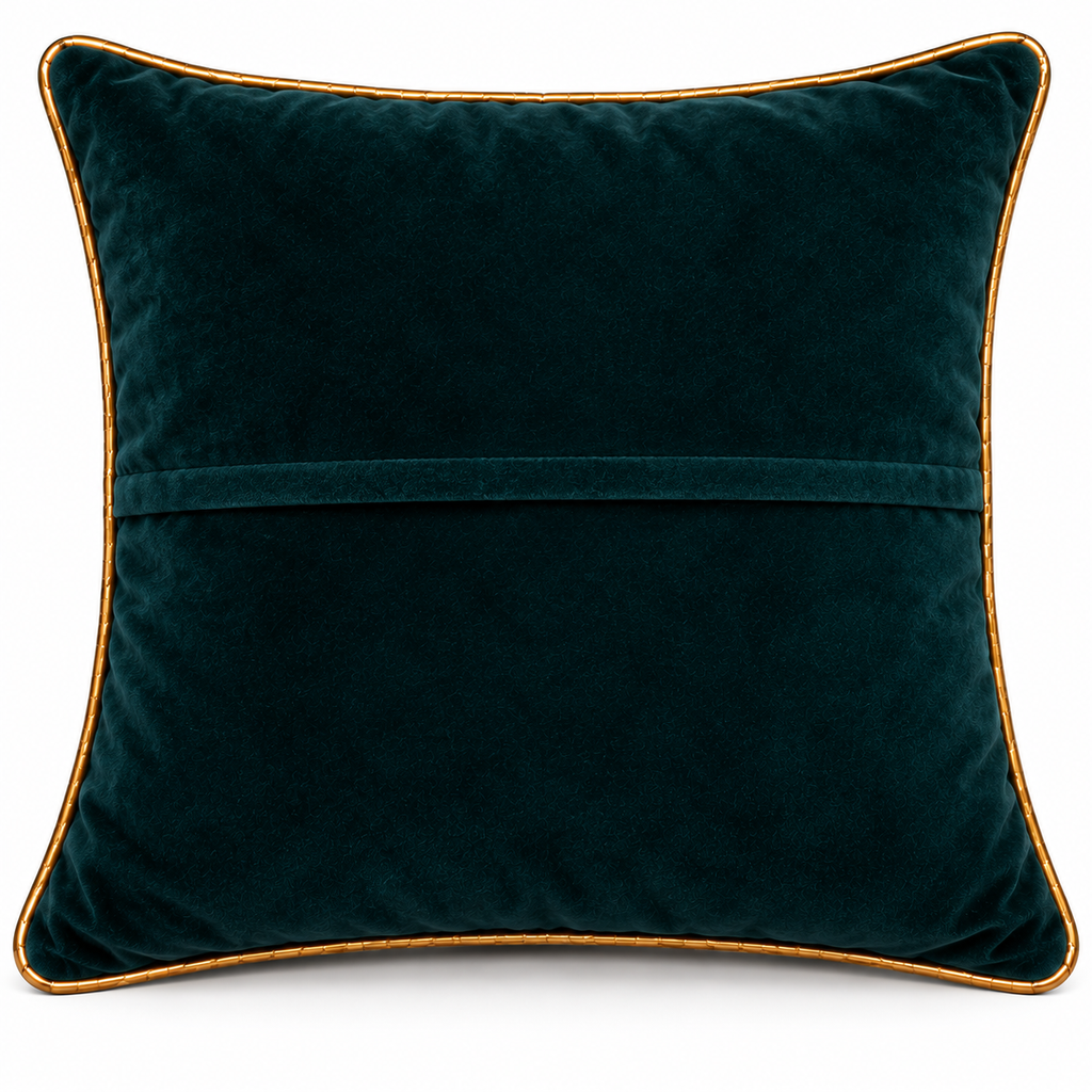 Back view of plain deep teal cushion with gold piping
