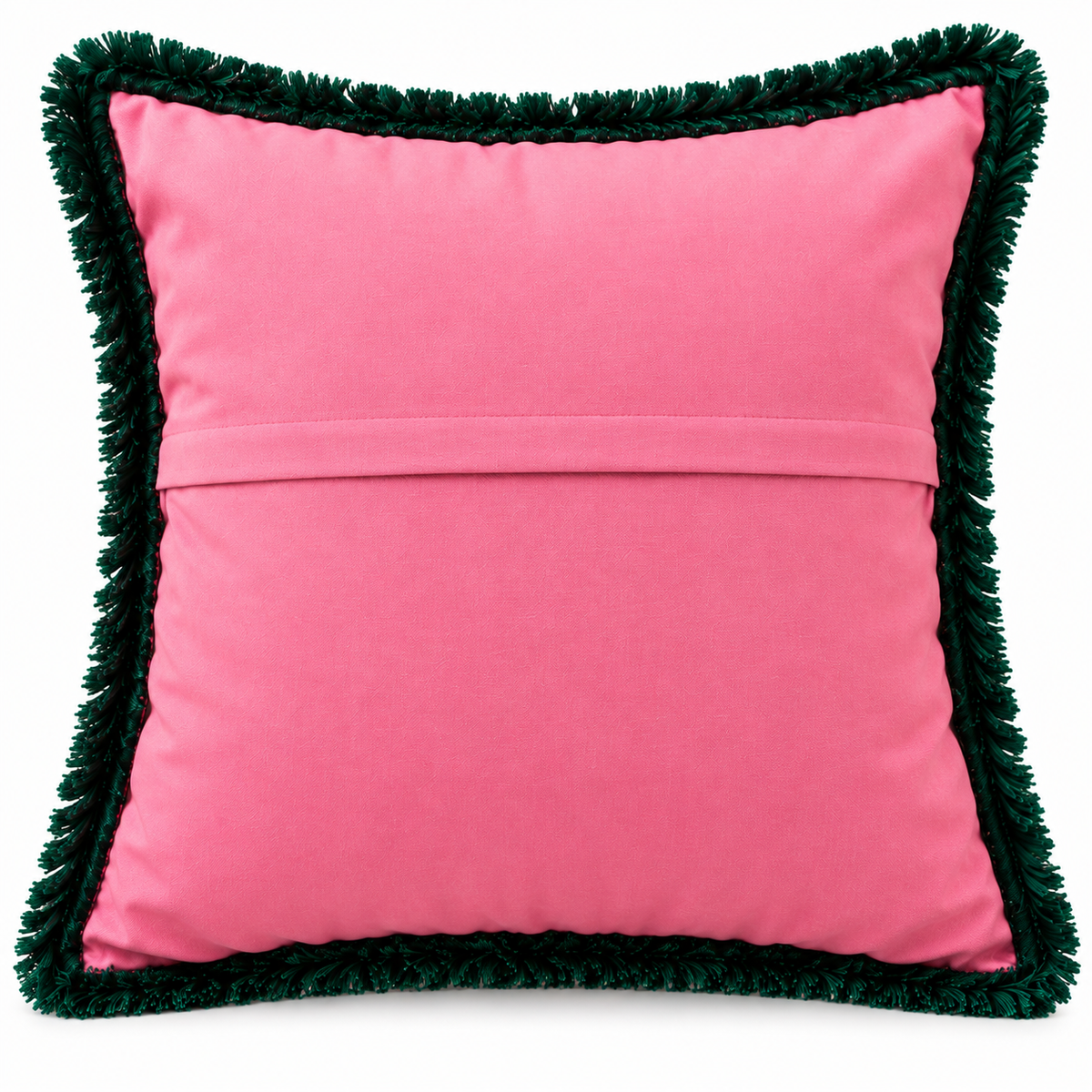 Back view of plain pink cushion with deep green fringe