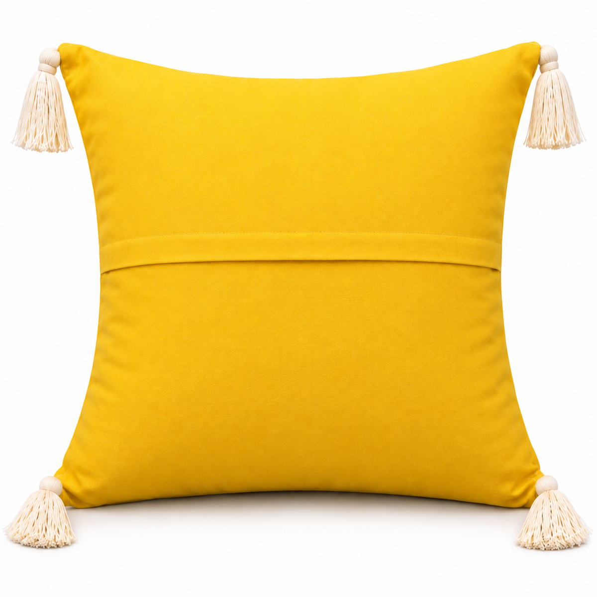 Back view of plain yellow cushion with ivory tassels