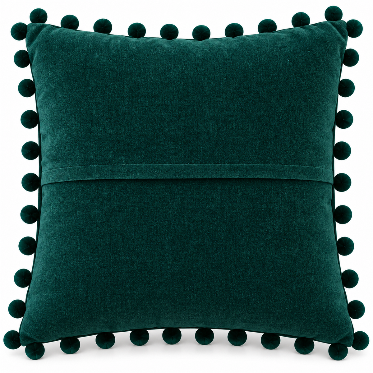 Back view of solid deep green cushion with matching pom-poms