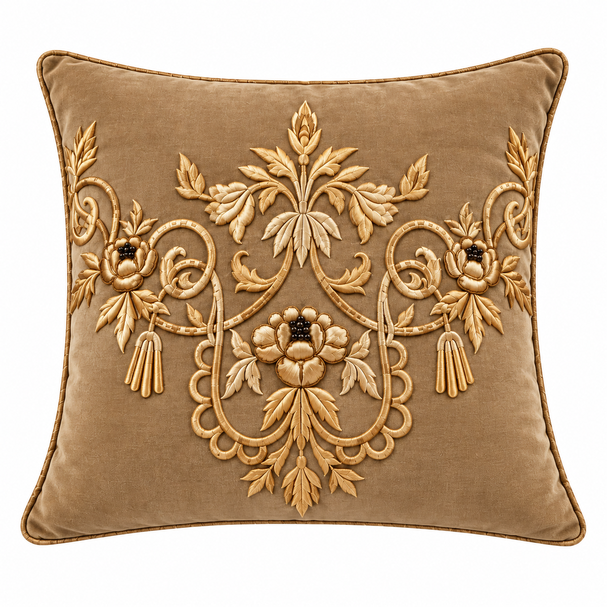 Taupe Gold Floral Embroidered Cushion