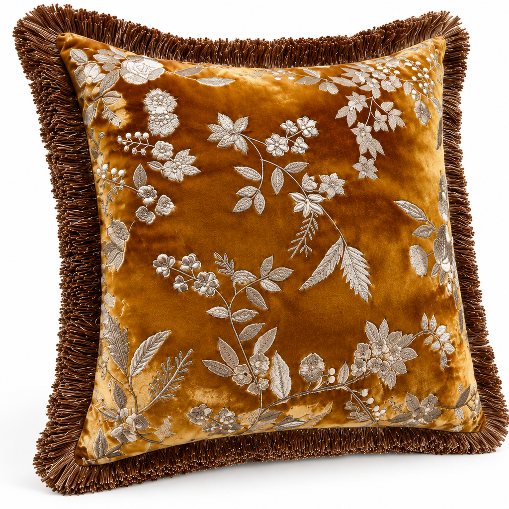 Angled view of golden ochre floral cushion with fringe border