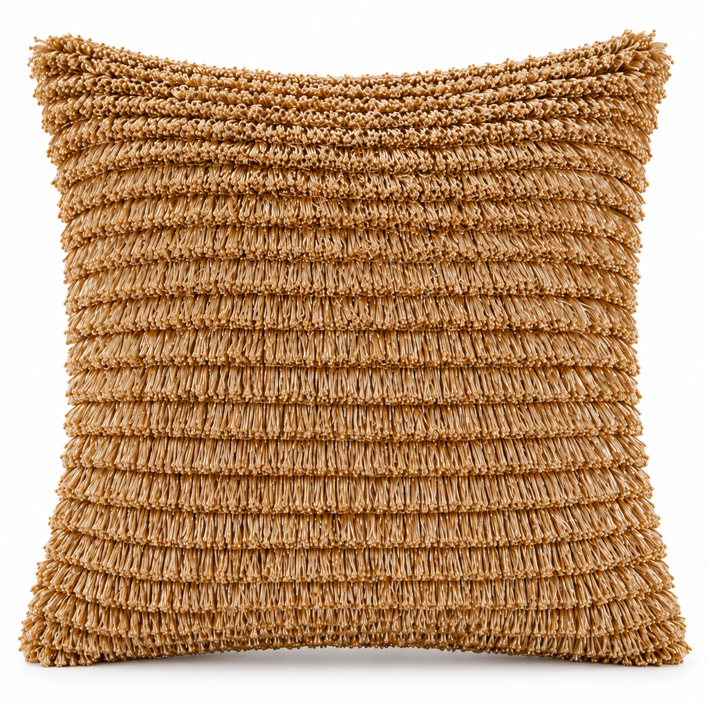Front view of antique gold cushion covered in layered fringe
