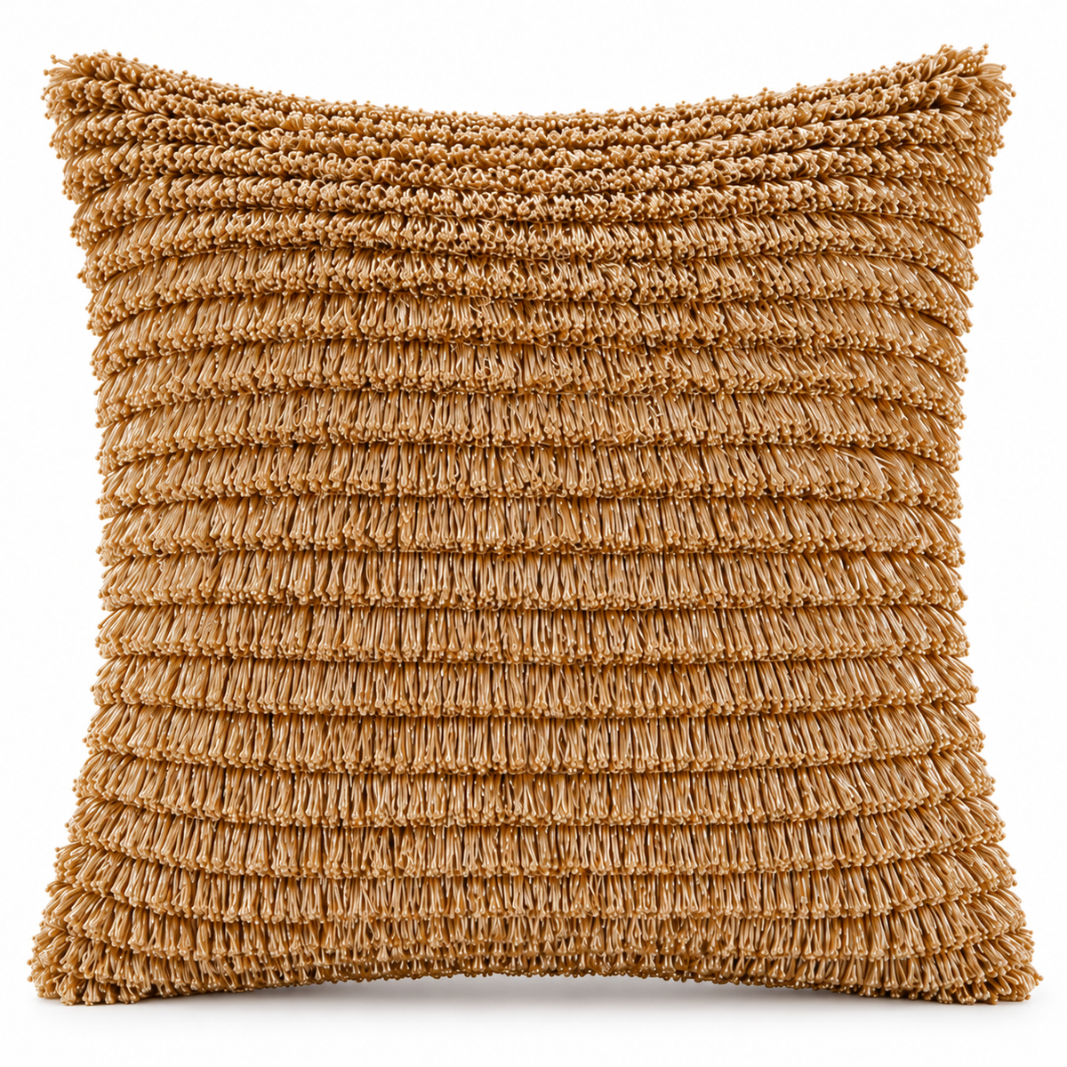 Front view of antique gold cushion covered in layered fringe