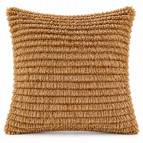 Front view of antique gold cushion covered in layered fringe
