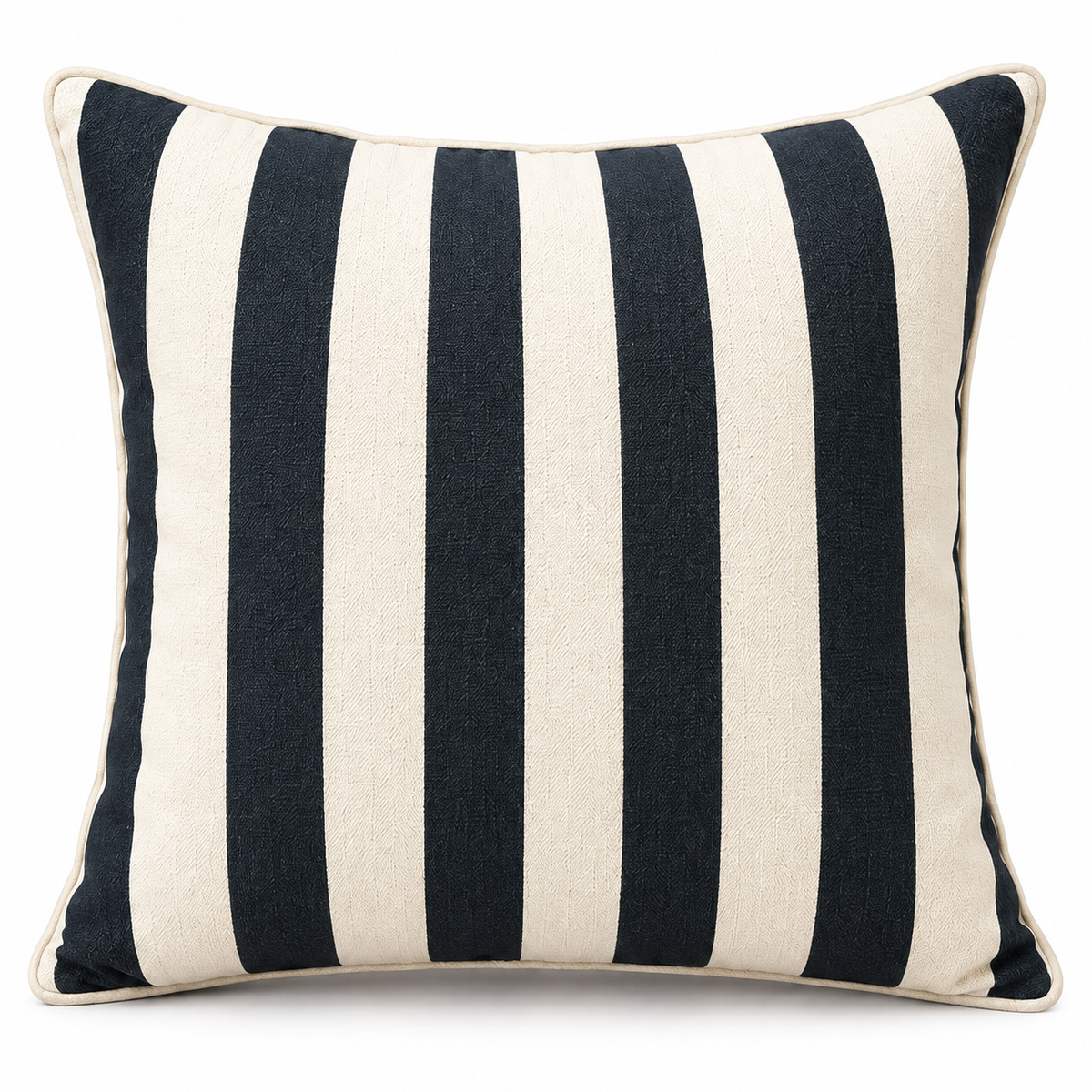 Front view of charcoal and ivory vertical striped cushion