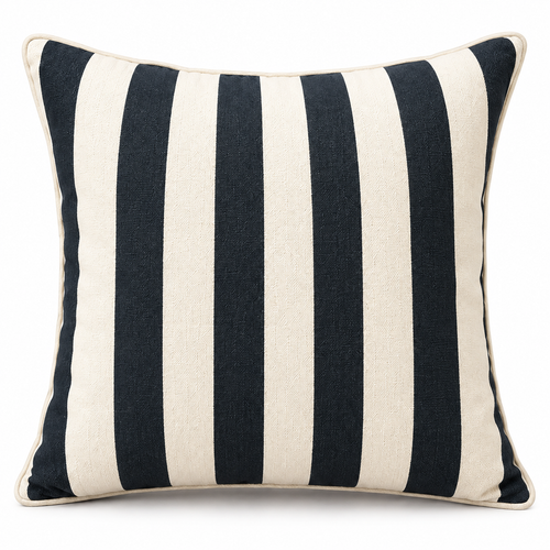 Front view of charcoal and ivory vertical striped cushion