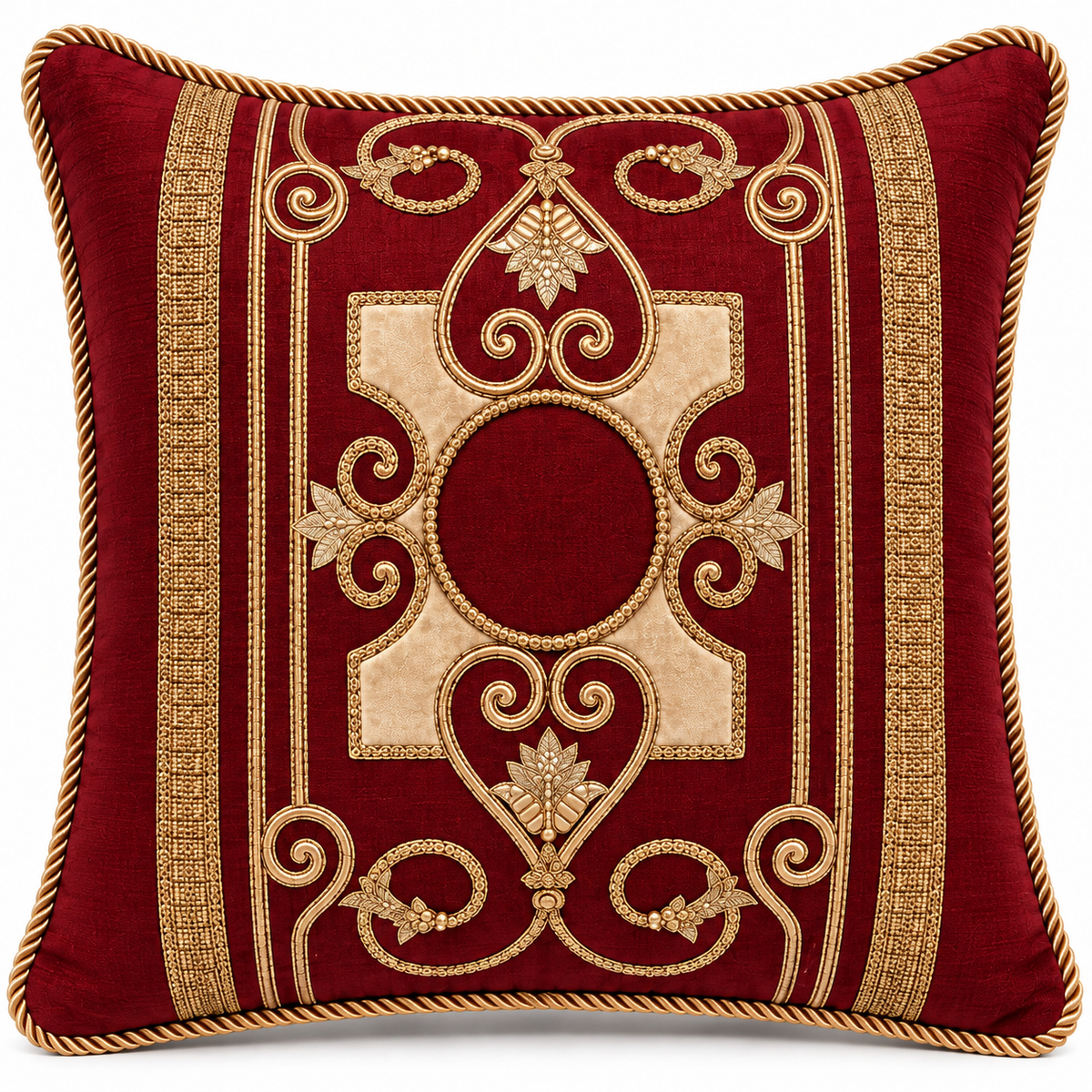 Front view of deep maroon cushion with gold scrollwork and cream accents