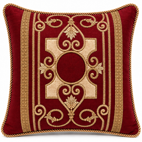Front view of deep maroon cushion with gold scrollwork and cream accents