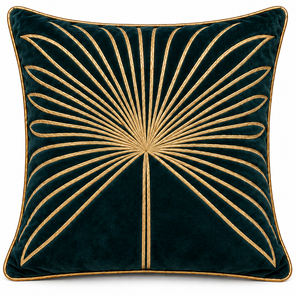 Front view of deep teal cushion with large gold palm leaf motif