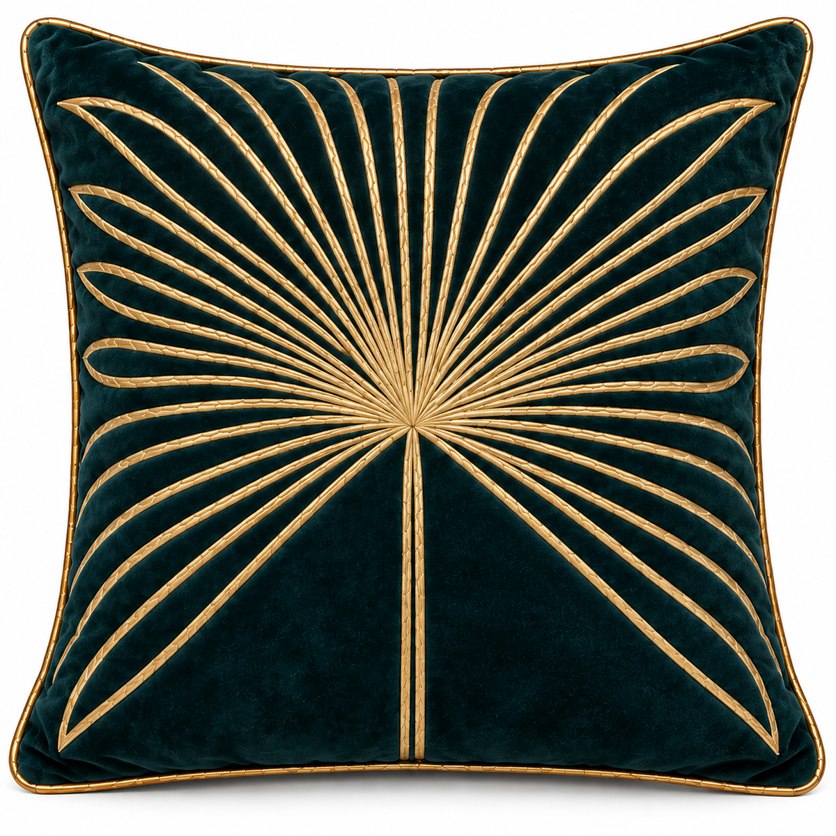 Front view of deep teal cushion with large gold palm leaf motif