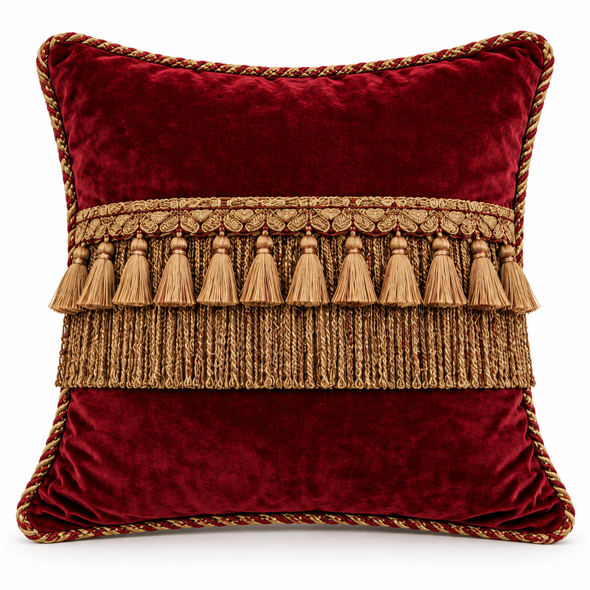 Front view of maroon cushion cover with gold tassel band and layered fringe.