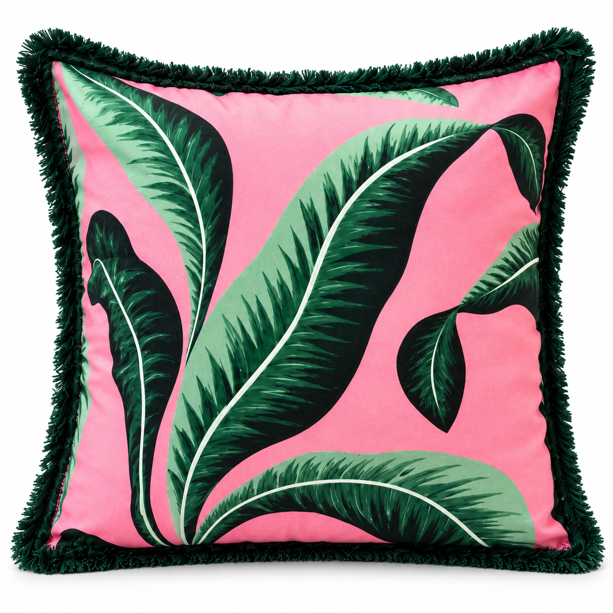 Front view of pink cushion with large green tropical leaves and fringe