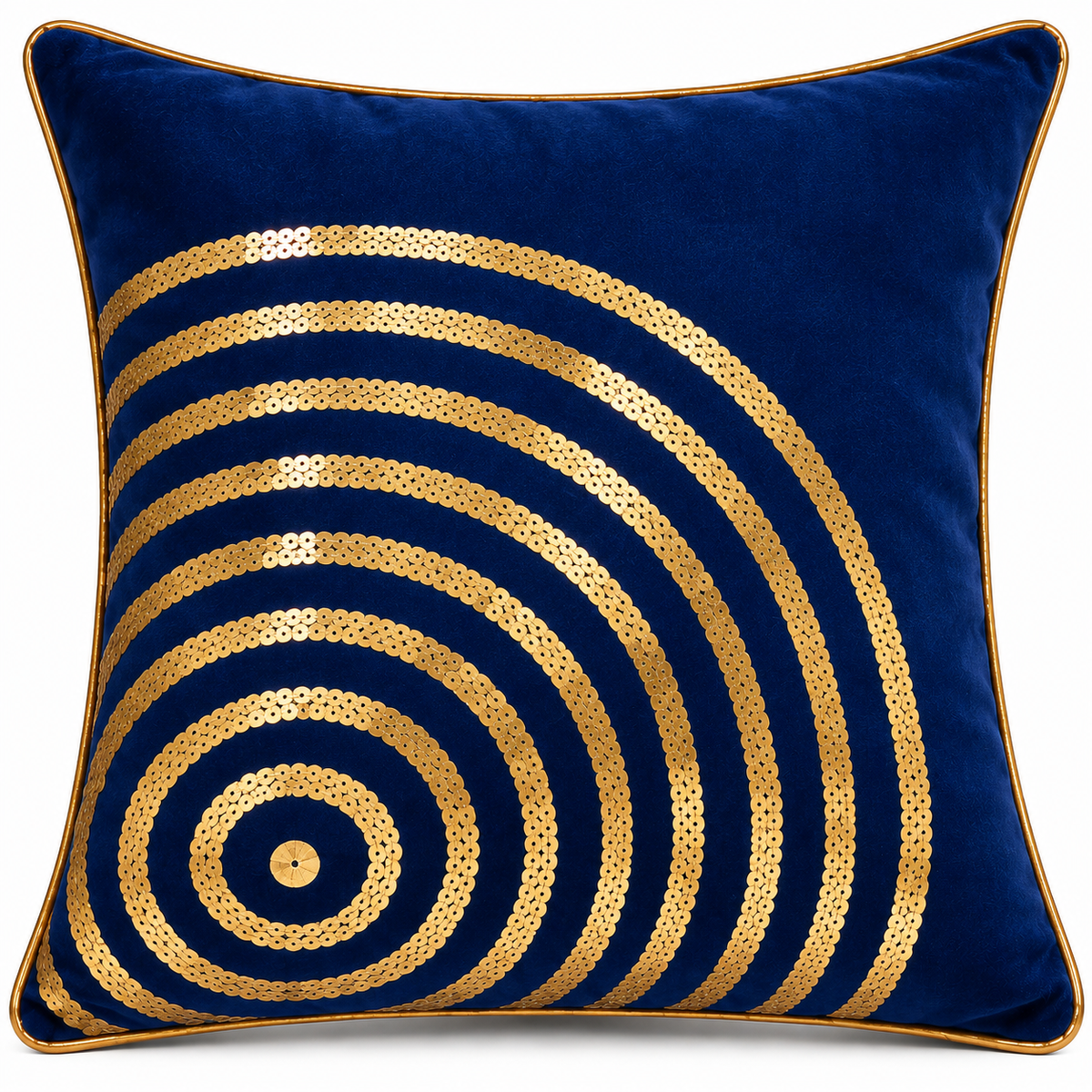 Front view of royal blue cushion with gold spiral design