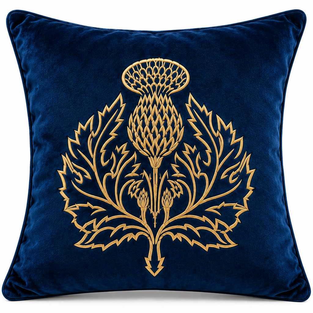 Front view of royal blue cushion with gold thistle motif