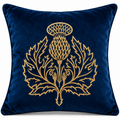 Front view of royal blue cushion with gold thistle motif