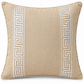 Front view of sand beige cushion with two ivory Greek key borders