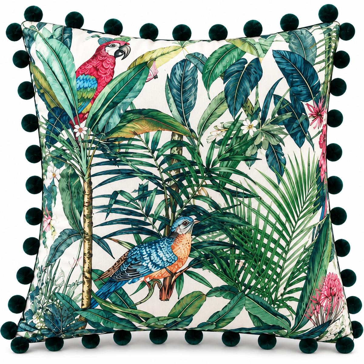 Front view of tropical cushion with colourful birds, green leaves and pom-pom trim