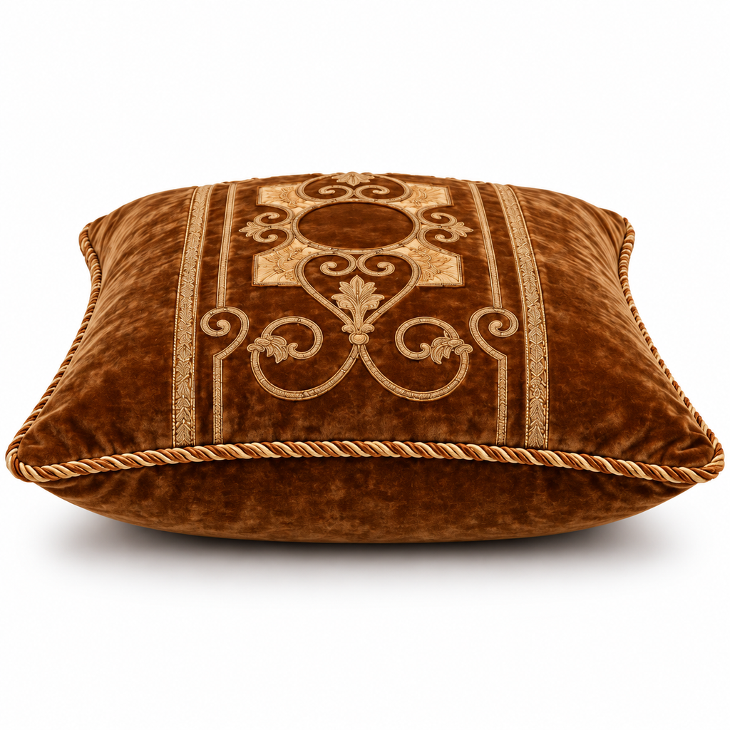 Low-angle view of brown cushion cover with gold medallion detailing.