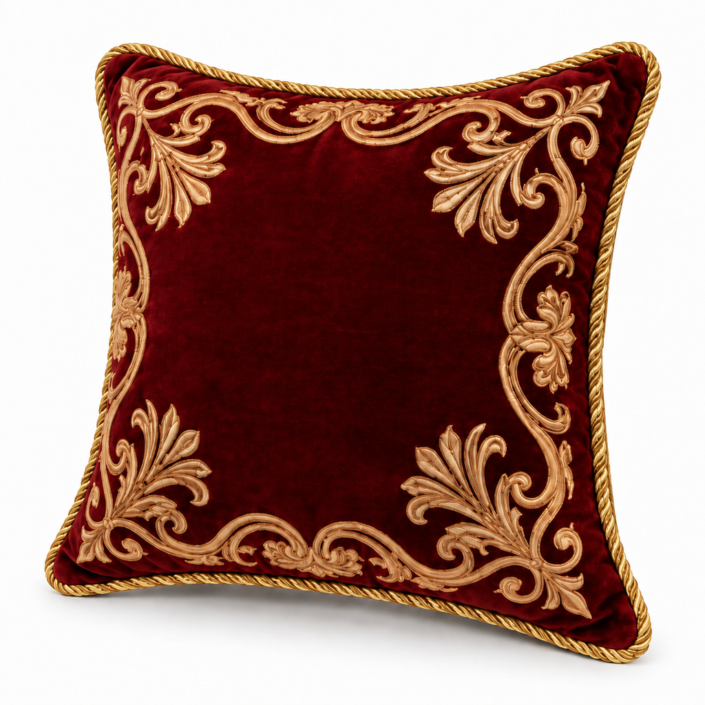 Regal Maroon Gold Floral Embroidered Cushion Cover
