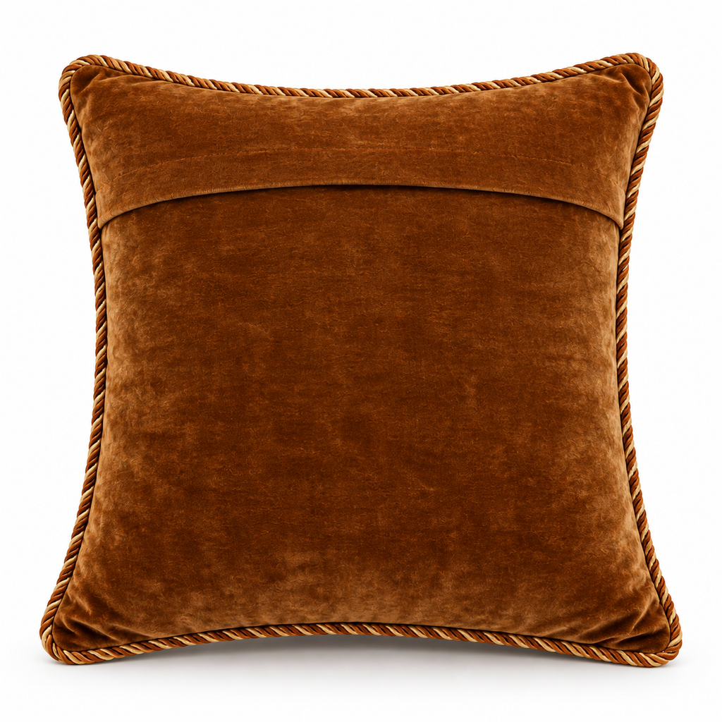Plain brown back of cushion cover with envelope-style opening.