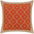 Front view of rust orange cushion with gold trellis pattern and ornate border