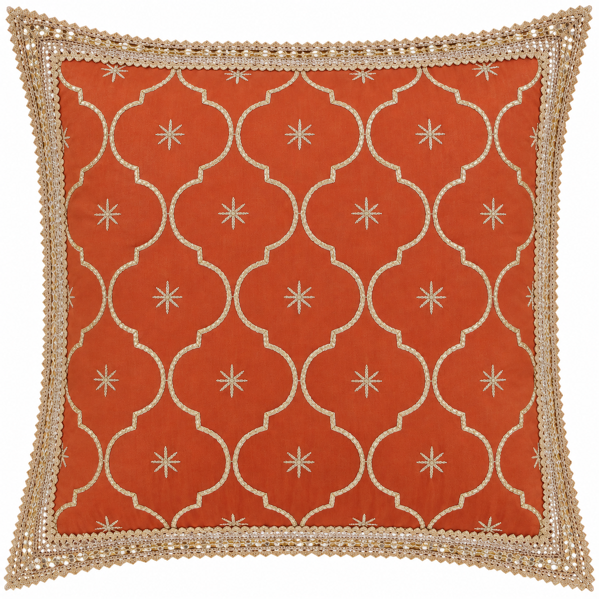 Front view of rust orange cushion with gold trellis pattern and ornate border