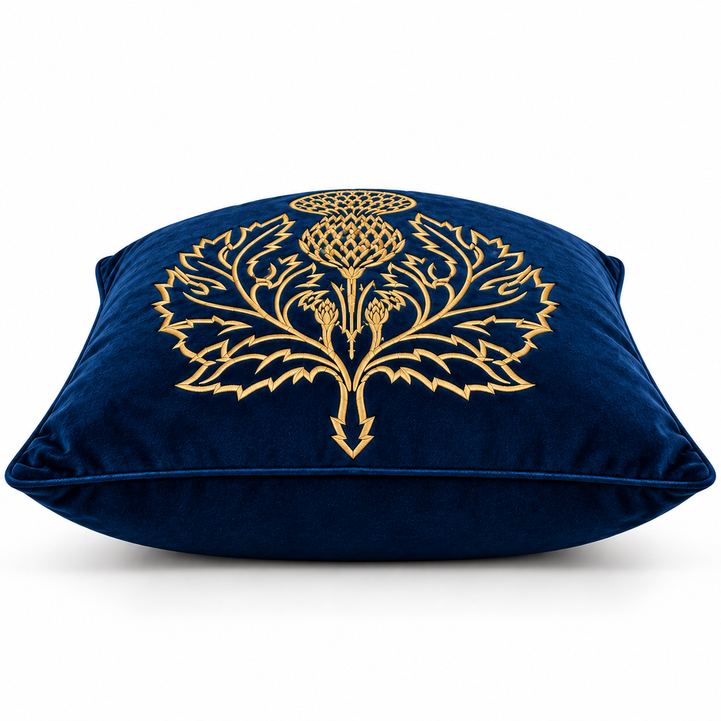 Side view of blue cushion with gold motif and matching piping
