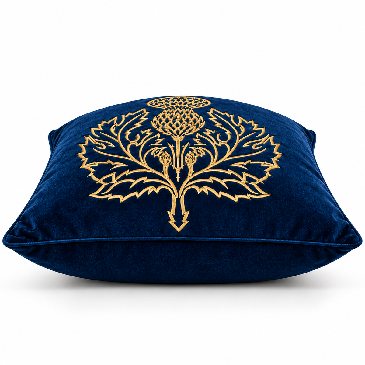 Side view of blue cushion with gold motif and matching piping