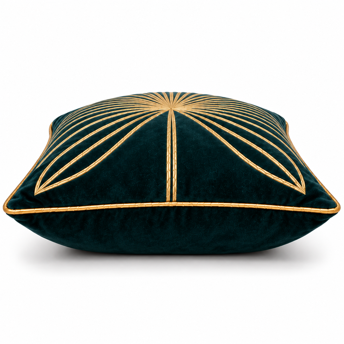 Side view of teal cushion showing the leaf motif and gold piped edge