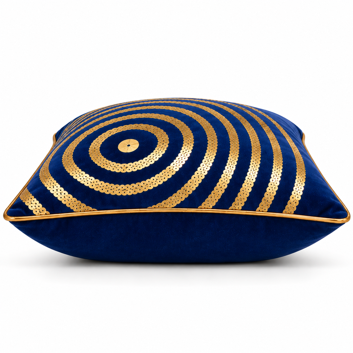 Side view showing the cushion shape and gold piping