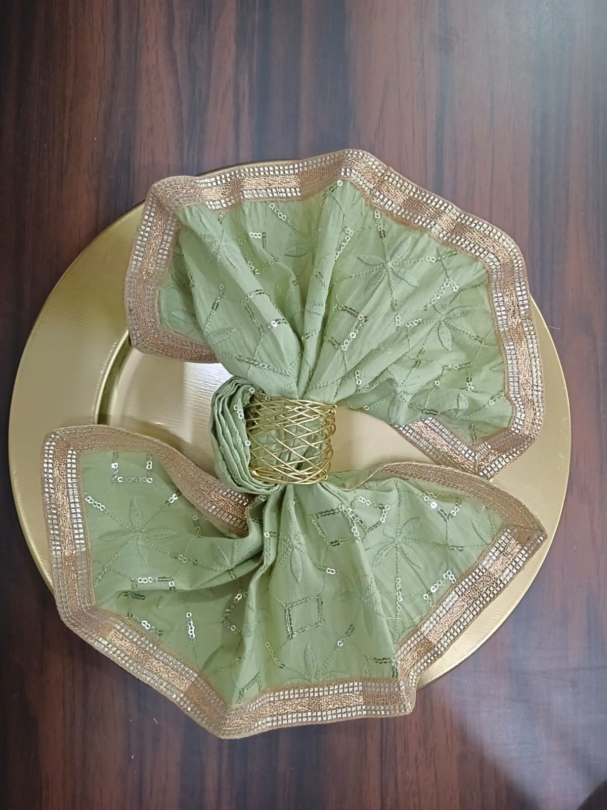 Sage Green Sequin Embroidered Napkin with Gold Border