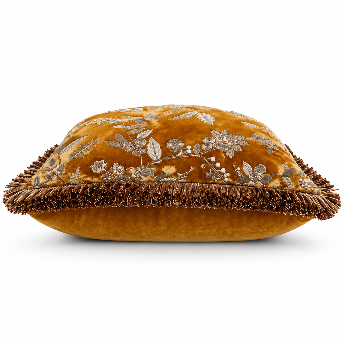 Side view showing the floral front and deep brown fringe