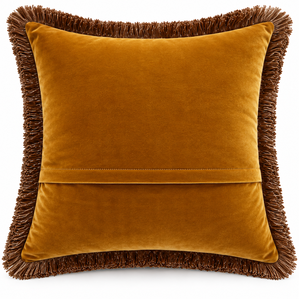 Back view of plain golden ochre cushion with brown fringe