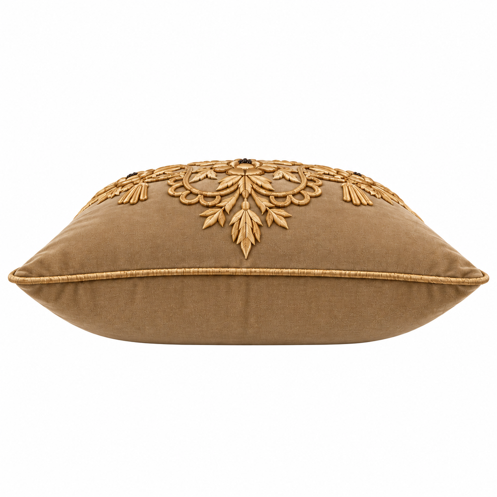 Side view of taupe cushion showing motif and edge piping